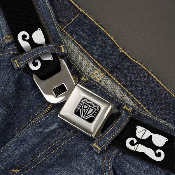 Buckle-Down BD Wings Logo CLOSE-UP Full Color Black Silver Seatbelt Belt - Sunglasses & Mustache Black/White Webbing