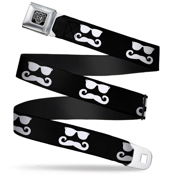 Buckle-Down BD Wings Logo CLOSE-UP Full Color Black Silver Seatbelt Belt - Sunglasses & Mustache Black/White Webbing