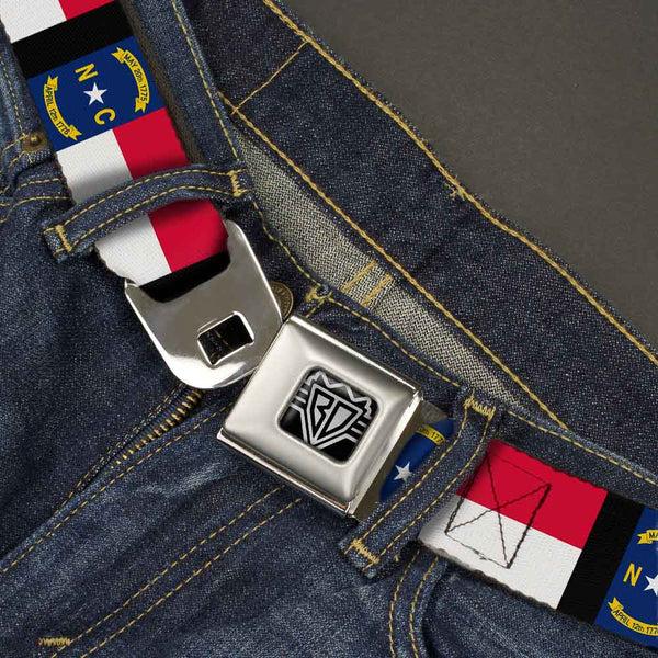 Buckle-Down BD Wings Logo CLOSE-UP Full Color Black Silver Seatbelt Belt - North Carolina Flag/Black Webbing