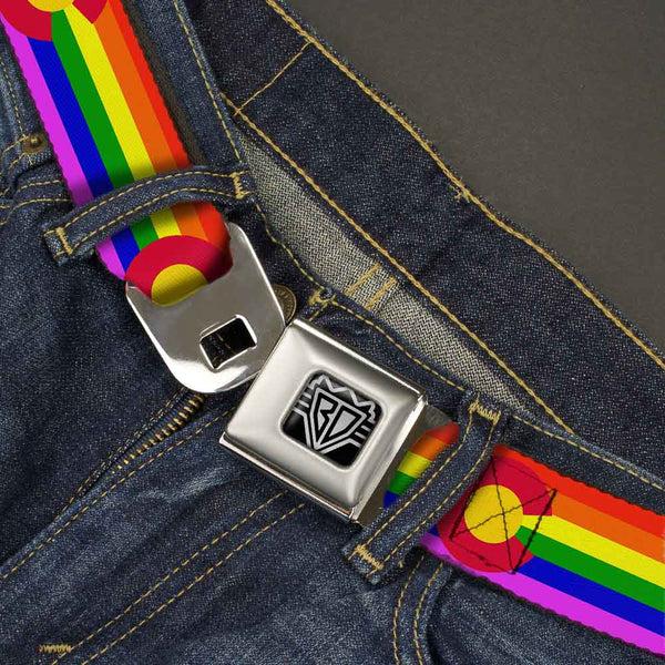 Buckle-Down BD Wings Logo CLOSE-UP Full Color Black Silver Seatbelt Belt - Colorado Flags2 Pride Webbing