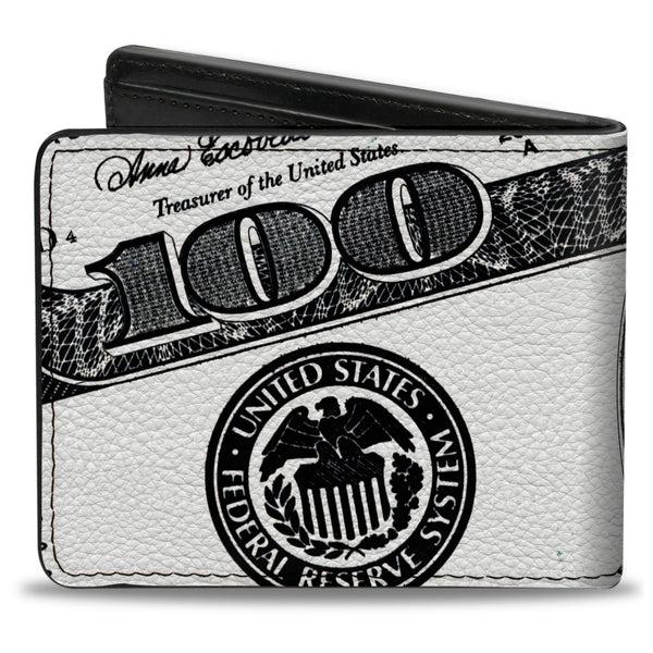 Buckle-Down Bi-Fold Wallet - 100 Dollar Bill CLOSE-UP White Black