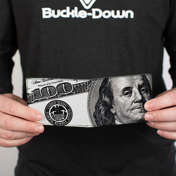 Buckle-Down Bi-Fold Wallet - 100 Dollar Bill CLOSE-UP White Black
