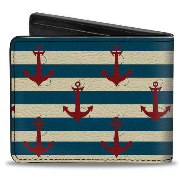 Buckle-Down Bi-Fold Wallet - Anchors W Stripes White Blue Red