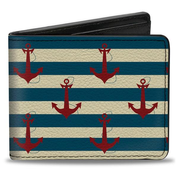 Buckle-Down Bi-Fold Wallet - Anchors w Stripes White Blue Red