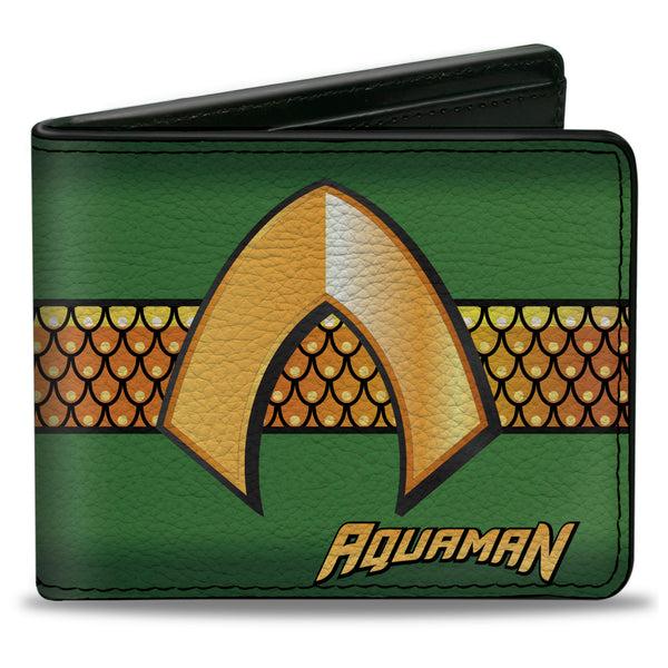 Buckle-Down Bi-Fold Wallet - AQUAMAN Classic Icon Scales Stripe Green Golds