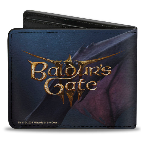 Buckle-Down Bi-Fold Wallet - BALDUR'S GATE III Wyll And Mizora Flame Pose Scene And Title Logo