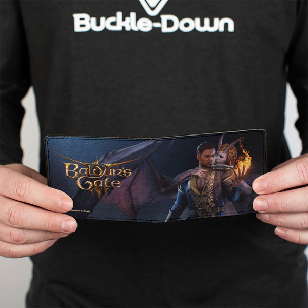 Buckle-Down Bi-Fold Wallet - BALDUR'S GATE III Wyll And Mizora Flame Pose Scene And Title Logo