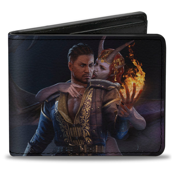 Buckle-Down Bi-Fold Wallet - BALDUR'S GATE III Wyll and Mizora Flame Pose Scene and Title Logo