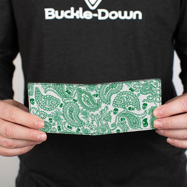 Buckle-Down Bi-Fold Wallet - Bandana Skulls White Irish Green