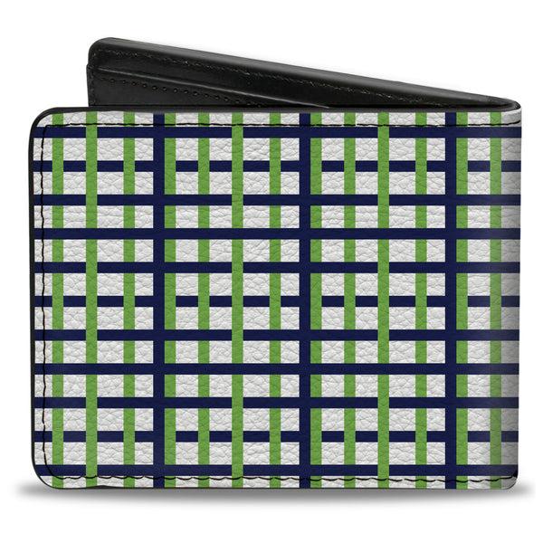 Buckle-Down Bi-Fold Wallet - Basketweave Plaid White Navy Bright Green