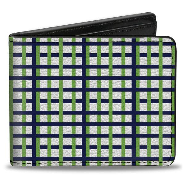Buckle-Down Bi-Fold Wallet - Basketweave Plaid White Navy Bright Green