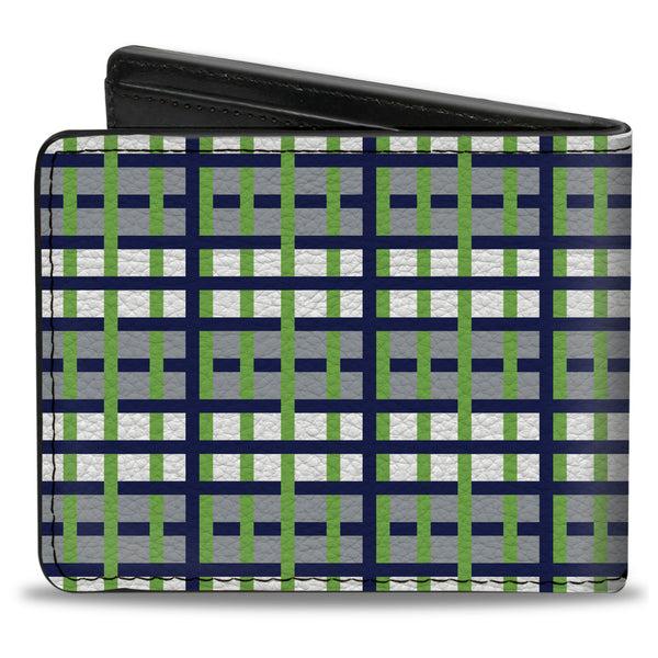 Buckle-Down Bi-Fold Wallet - Basketweave Plaid White Silver Navy Bright Green