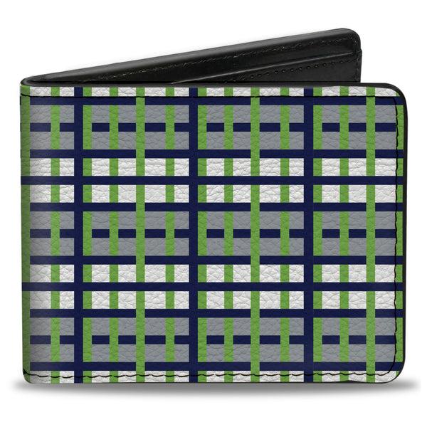 Buckle-Down Bi-Fold Wallet - Basketweave Plaid White Silver Navy Bright Green