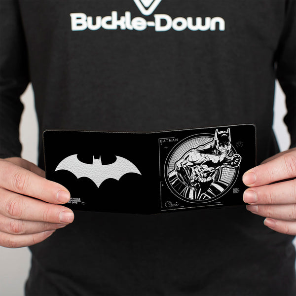 Buckle-Down Bi-Fold Wallet - Batman Tech Action Pose + Bat Logo Black White