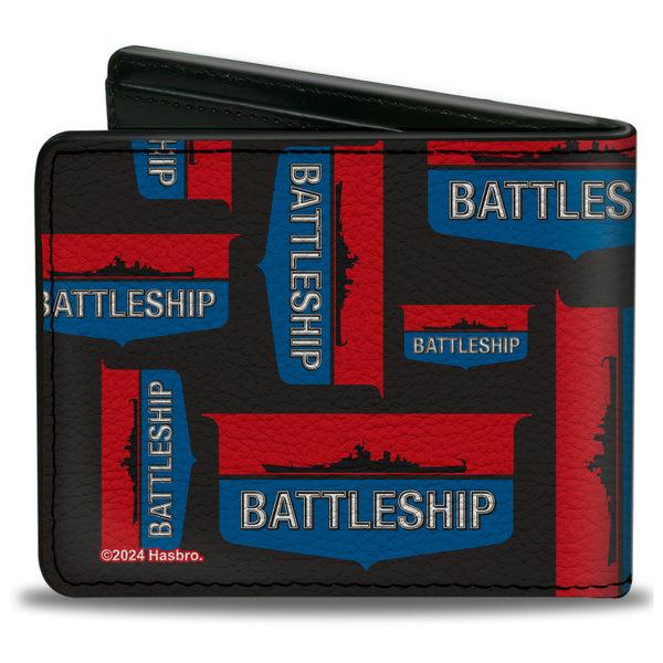 Buckle-Down Bi-Fold Wallet - BATTLESHIP Ship Silhouette And Text Badge Collage Black/Red/Blue/White