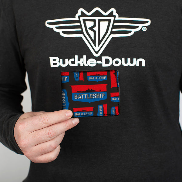 Buckle-Down Bi-Fold Wallet - BATTLESHIP Ship Silhouette And Text Badge Collage Black/Red/Blue/White