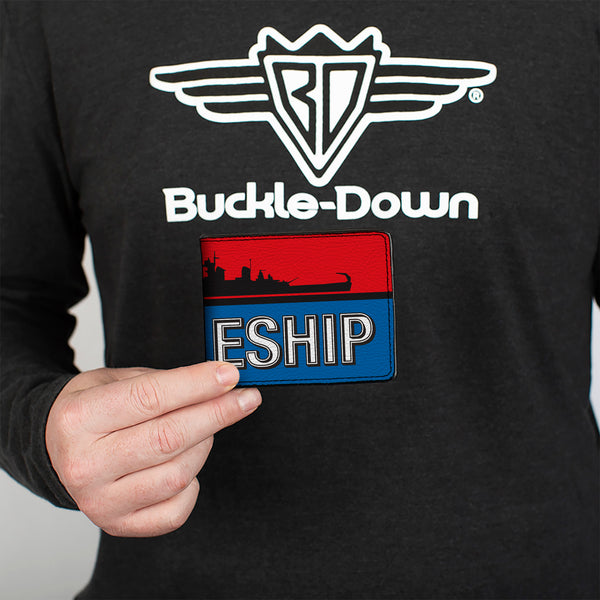 Buckle-Down Bi-Fold Wallet - BATTLESHIP Ship Silhouette And Text Red/Blue/Black/White