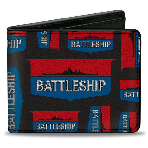 Buckle-Down Bi-Fold Wallet - BATTLESHIP Ship Silhouette and Text Badge Collage Black/Red/Blue/White