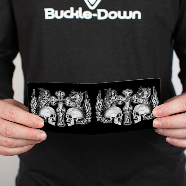Buckle-Down Bi-Fold Wallet - BD Skulls W Wings Black White