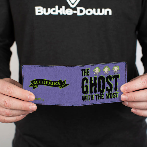 Buckle-Down Bi-Fold Wallet - Beetlejuice Chibi THE GHOST WITH THE MOST Pose Purple/Green/Black