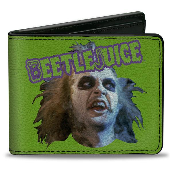 Buckle-Down Bi-Fold Wallet - BEETLEJUICE Face and Text Green/Purple