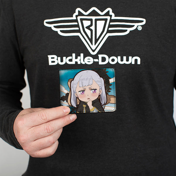 Buckle-Down Bi-Fold Wallet - BLACK CLOVER Chibi Noelle Thinking Scene And Title Logo Blue