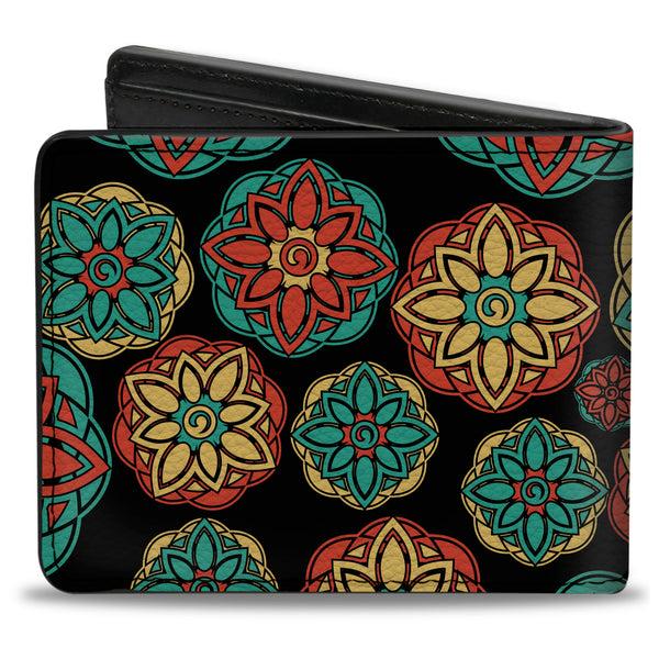 Buckle-Down Bi-Fold Wallet - Boho Mandala Black Yellow Turquoise Orange