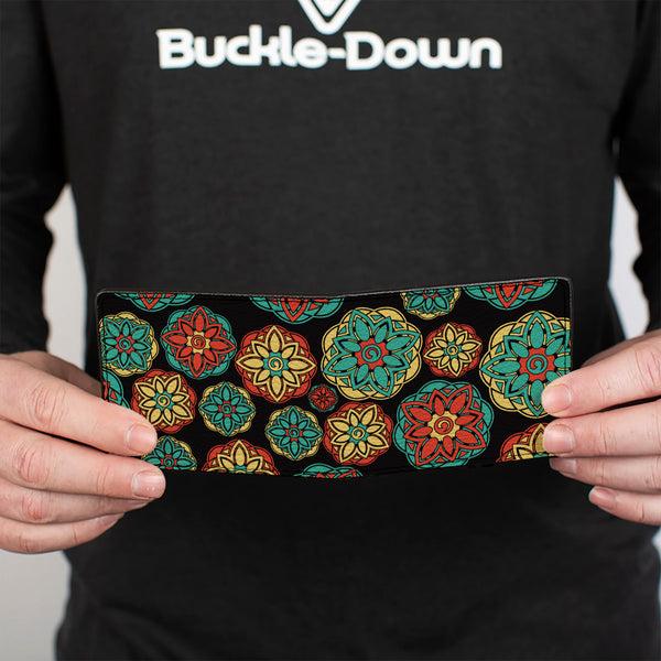 Buckle-Down Bi-Fold Wallet - Boho Mandala Black Yellow Turquoise Orange