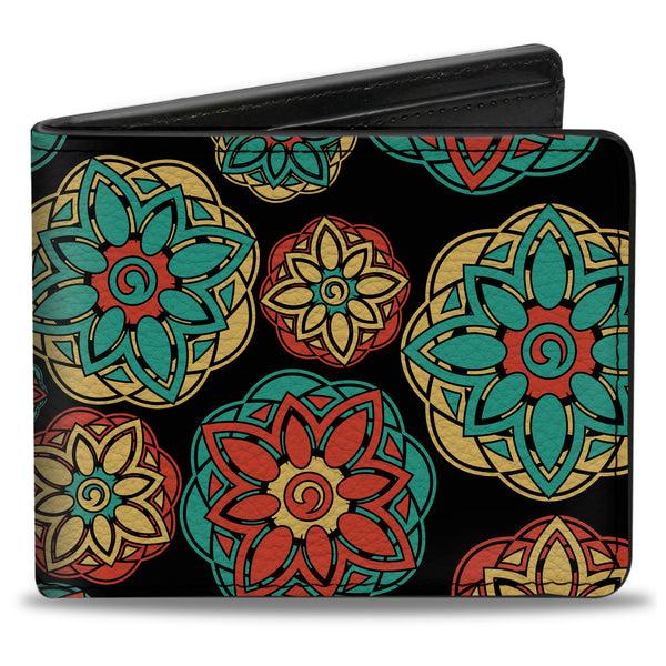 Buckle-Down Bi-Fold Wallet - Boho Mandala Black Yellow Turquoise Orange
