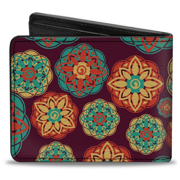 Buckle-Down Bi-Fold Wallet - Boho Mandala Burgundy Yellow Turquoise Orange
