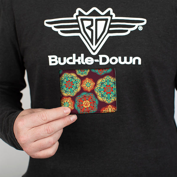 Buckle-Down Bi-Fold Wallet - Boho Mandala Burgundy Yellow Turquoise Orange