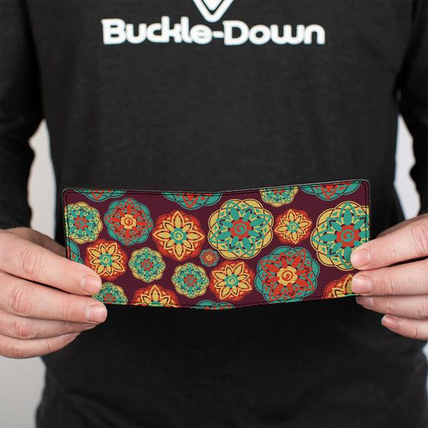 Buckle-Down Bi-Fold Wallet - Boho Mandala Burgundy Yellow Turquoise Orange