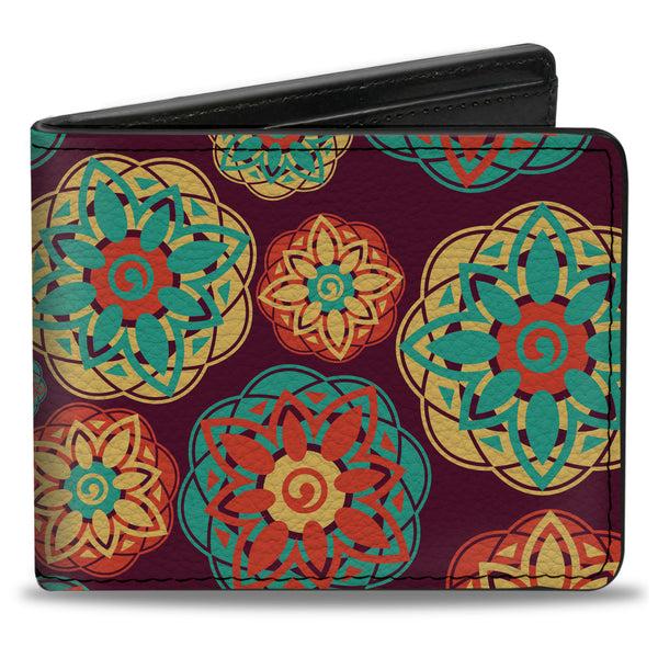 Buckle-Down Bi-Fold Wallet - Boho Mandala Burgundy Yellow Turquoise Orange