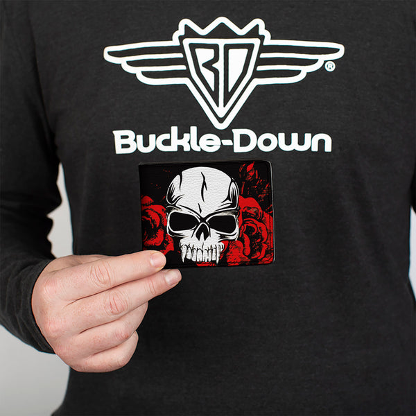 Buckle-Down Bi-Fold Wallet - Brass Knuckles Skulls Roses Black Red White