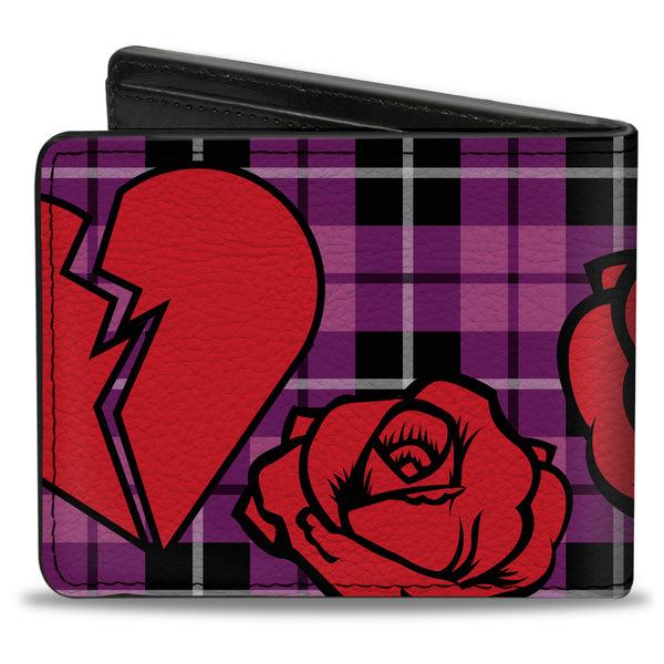 Buckle-Down Bi-Fold Wallet - Broken Hearts & Roses W Fuchsia Plaid