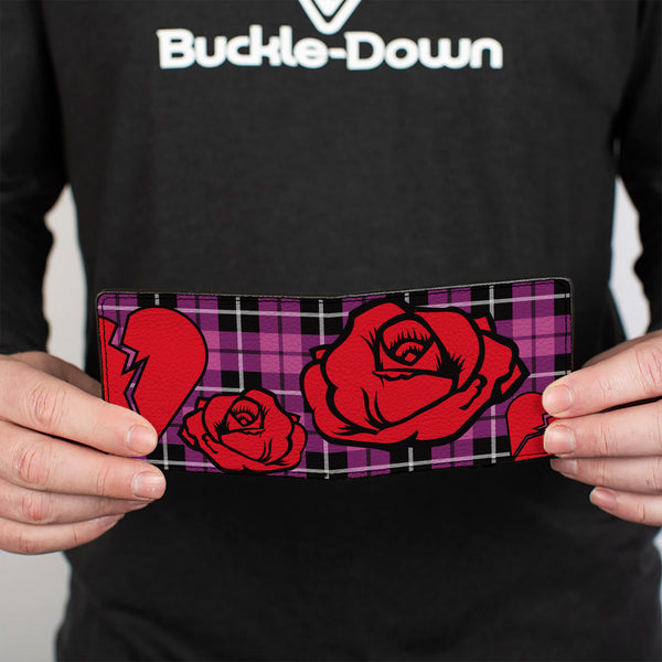 Buckle-Down Bi-Fold Wallet - Broken Hearts & Roses W Fuchsia Plaid