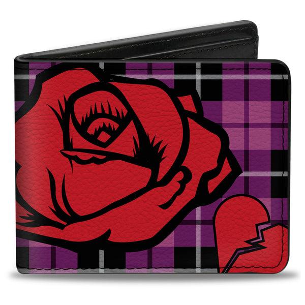 Buckle-Down Bi-Fold Wallet - Broken Hearts & Roses w Fuchsia Plaid