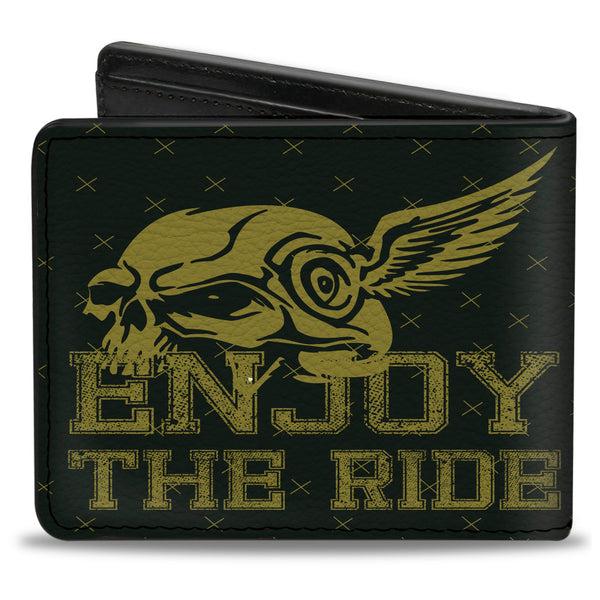 Buckle-Down Bi-Fold Wallet - Buckle-Down Winged Skull ENJOY THE RIDE Olive Lime Green