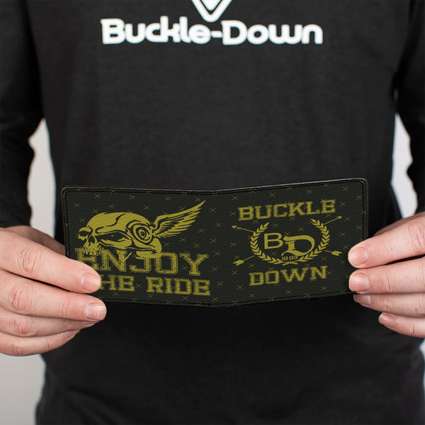 Buckle-Down Bi-Fold Wallet - Buckle-Down Winged Skull ENJOY THE RIDE Olive Lime Green