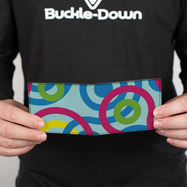 Buckle-Down Bi-Fold Wallet - Bullseye Stacked Swirl Blues Green Yellow Pink