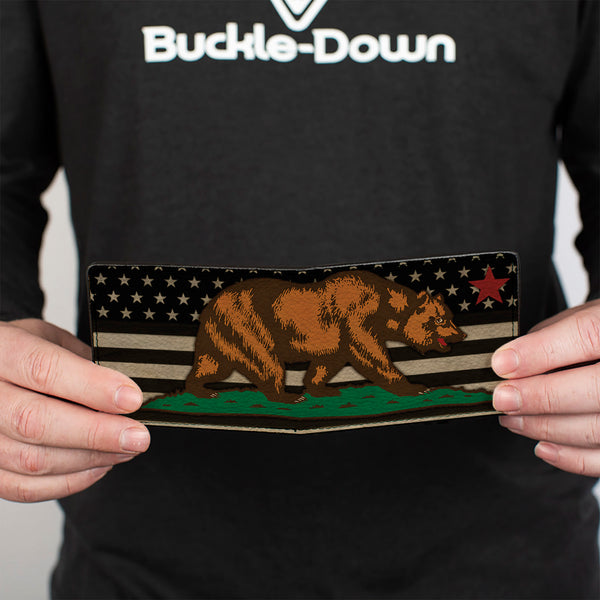 Buckle-Down Bi-Fold Wallet - Cali Bear Star US Flag Stretch Black White Red