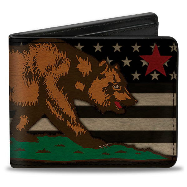 Buckle-Down Bi-Fold Wallet - Cali Bear Star US Flag Stretch Black White Red