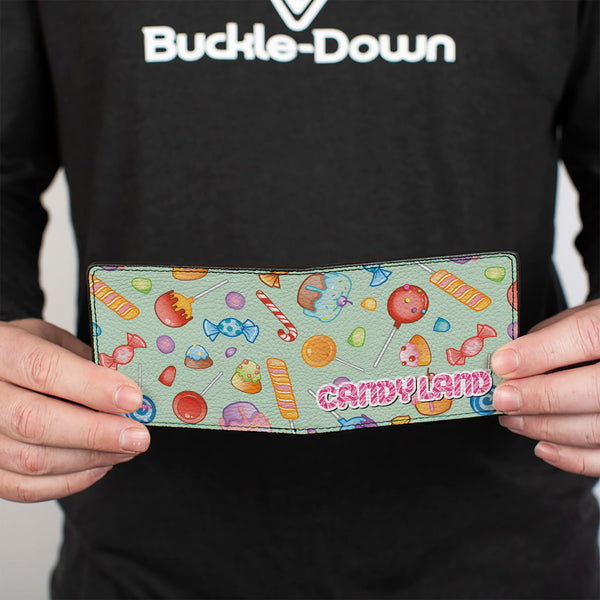 Buckle-Down Bi-Fold Wallet - CANDY LAND Title Logo And Candy Collage Mint Green