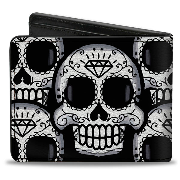 Buckle-Down Bi-Fold Wallet - Cartoon Sugar Skulls Stacked Black White