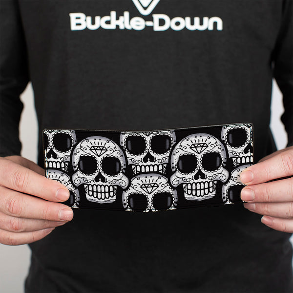 Buckle-Down Bi-Fold Wallet - Cartoon Sugar Skulls Stacked Black White