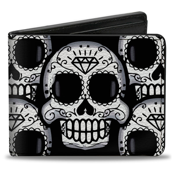Buckle-Down Bi-Fold Wallet - Cartoon Sugar Skulls Stacked Black White