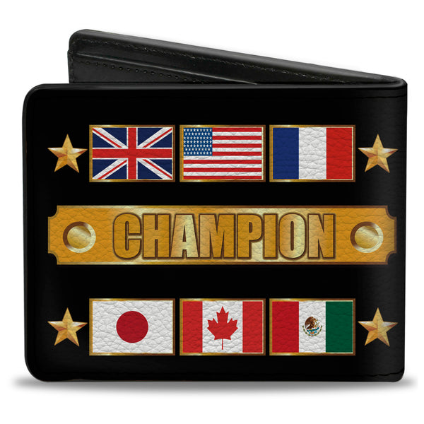 Buckle-Down Bi-Fold Wallet - CHAMPION Belt Flags Stars Black Golds