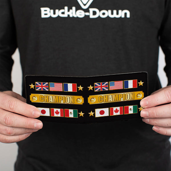 Buckle-Down Bi-Fold Wallet - CHAMPION Belt Flags Stars Black Golds
