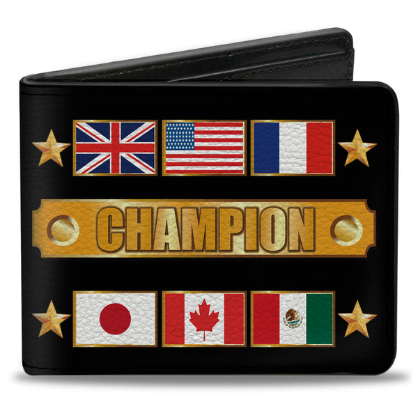 Buckle-Down Bi-Fold Wallet - CHAMPION Belt Flags Stars Black Golds
