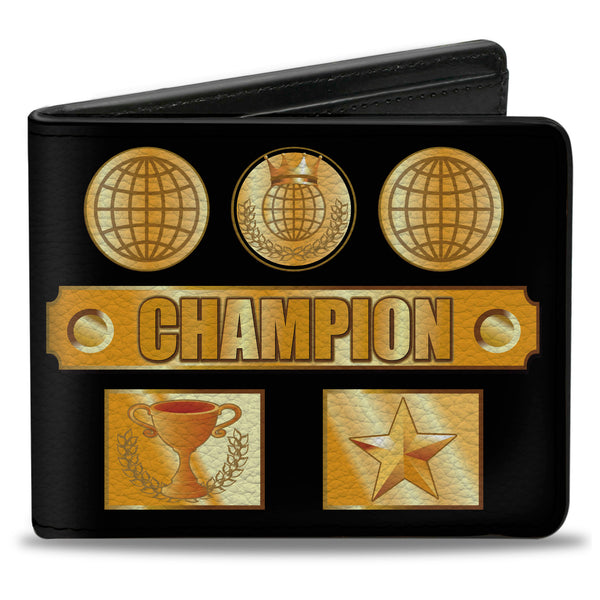 Buckle-Down Bi-Fold Wallet - CHAMPION Belt Icons Black Golds